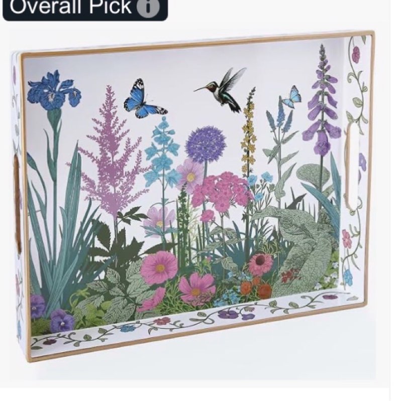 serving tray with handles, rectangular plastic tray 15.75x11.81 inch, wildflower, butterflies & humm