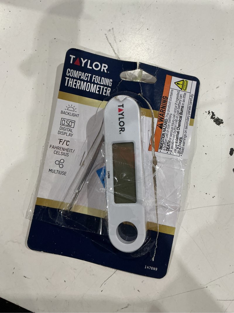 Condition photo showing As Is for taylor stainless steel digital folding probe meat thermometer  blue backlight display  white