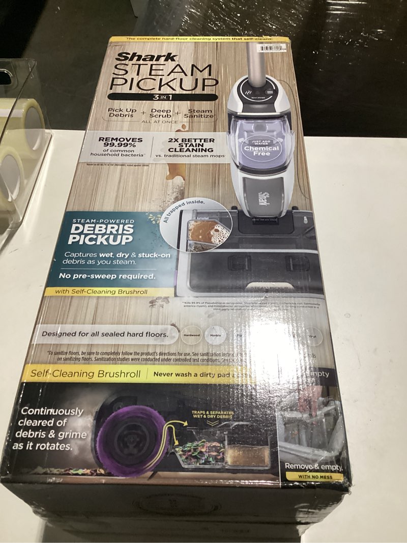 Condition photo showing New/Like New for Shark Steam Pickup 3-in-1 Steam Mop Picks Up Debris, Deep Scrubs, & Steam Sanitizes - All At Once, Lightweight Steam Cleaner for Home, Steam Cleaner for Hardwood, Tile & Laminate, White, SD205CCO Steam Pickup w/ 3 Brushroll