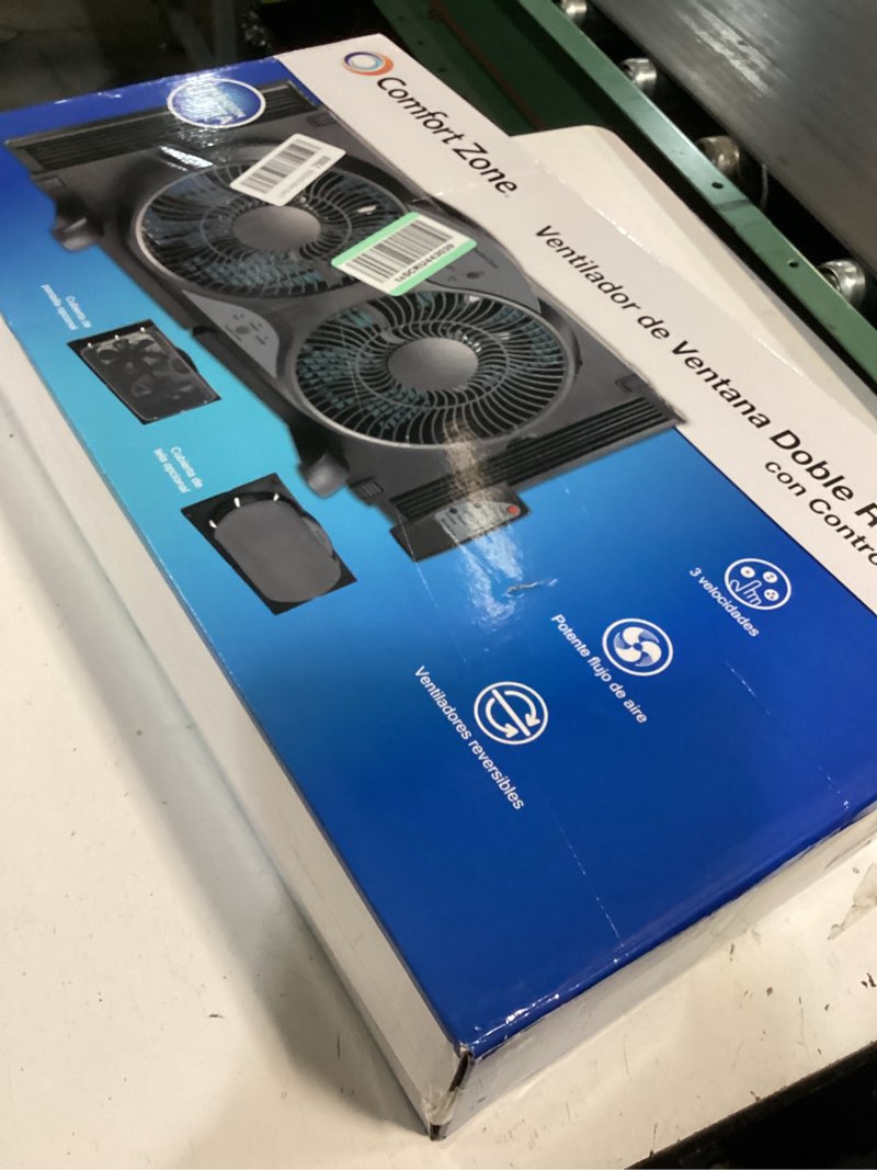 Condition photo showing New/Like New for comfort zone 9-inch reversible twin window fan with remote control – 3-speed dual blade fan with exhaust, cooling & circulate modes, expandable width 23.5" to 37", removable bug screen & tabletop feet black 3-speed w/remote