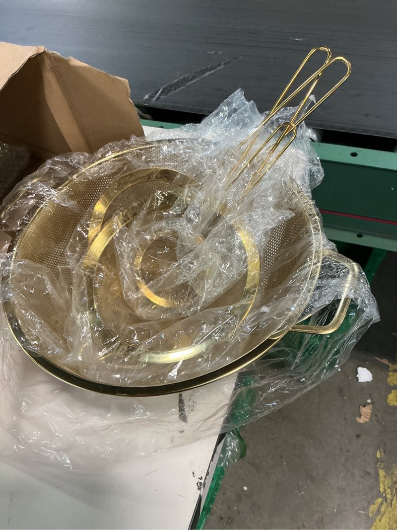Condition photo showing Good Condition for Norme 5 Quart Stainless Steel Gold Colander and 3 Pcs Gold Fine Mesh Strainer, Stainless Steel Pasta Rice Food Metal Strainer with Handles, Easy Clean and Dishwasher Safe 5 Quart Gold