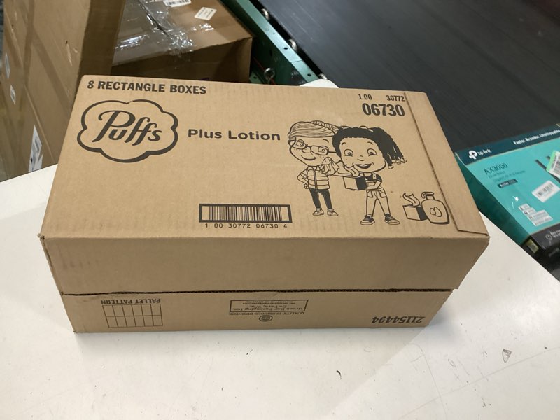 Condition photo showing New/Like New for puffs plus lotion facial tissues, 8 family boxes, 124 facial tissues per box, allergies and colds 124 count (pack of 8)