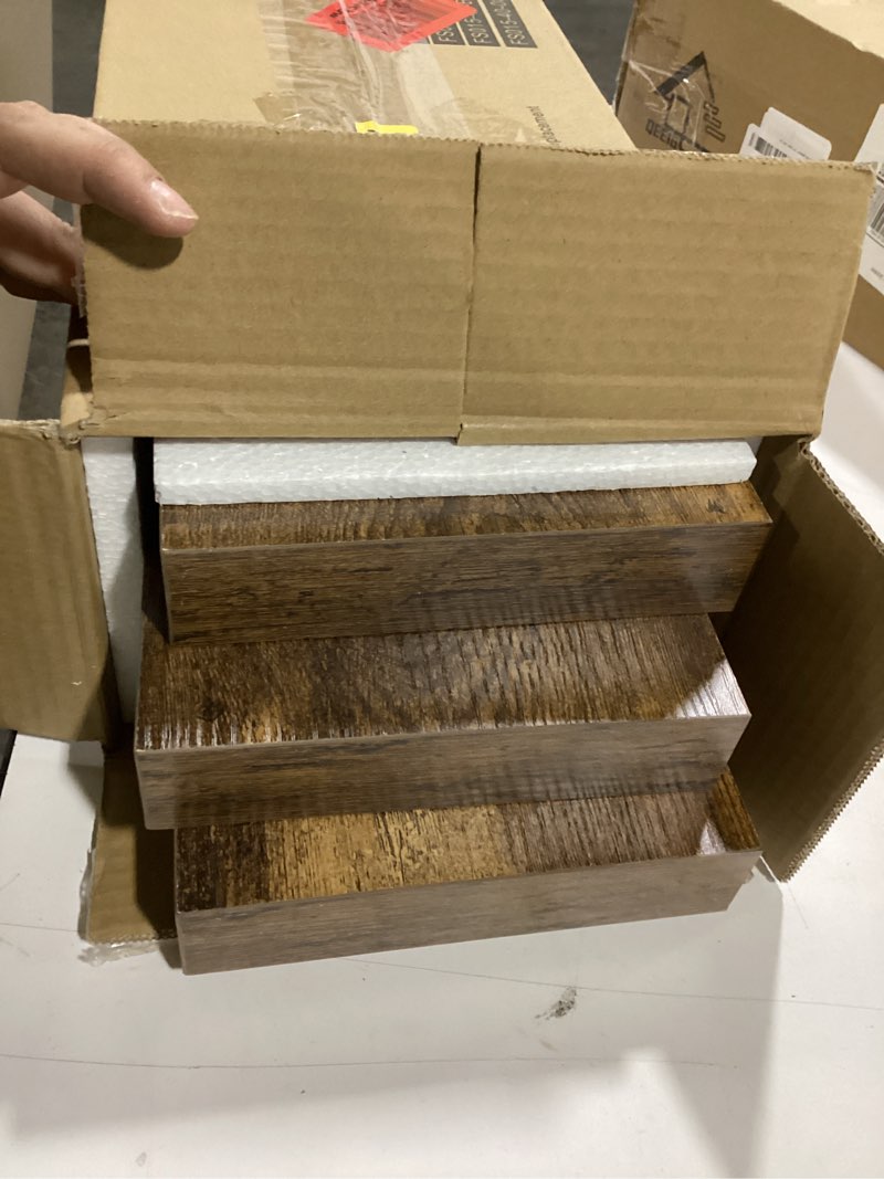 Condition photo showing As Is for QEEIG Floating Shelves for Wall Bathroom Shelf Bedroom Kitchen Living Room Hanging Book Shelves Small Farmhouse Decor 16 inch Set of 3, Rustic Brown (015-BN3) 3pcs A. Brown