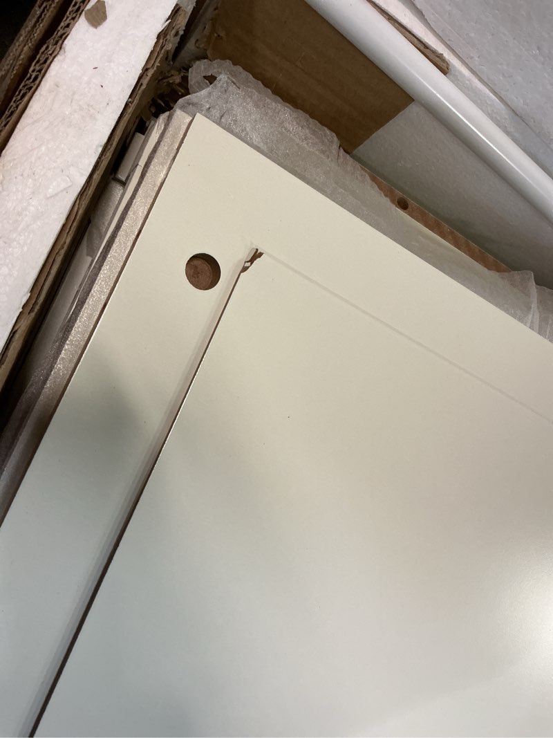 Condition photo showing As Is for ChooChoo Farmhouse Bakers Rack with Power Outlets and Storage, Coffee Bar Cabinet with Storage, Microwave Stand Kitchen Cabinet with Hutch and 6 Hooks, Soft White & Brown