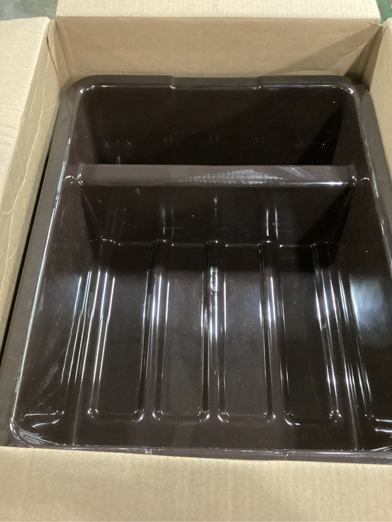 Condition photo showing As Is for Rubbermaid Commercial Products Standard Divided Bus/Utility Box, 7-Gallon, Brown, Plastic, Heavy Duty Divided Restaurant Wash Basin/Dish Washing Tub for Cups/Plates/Bowls Divided 7 Gallon Brown