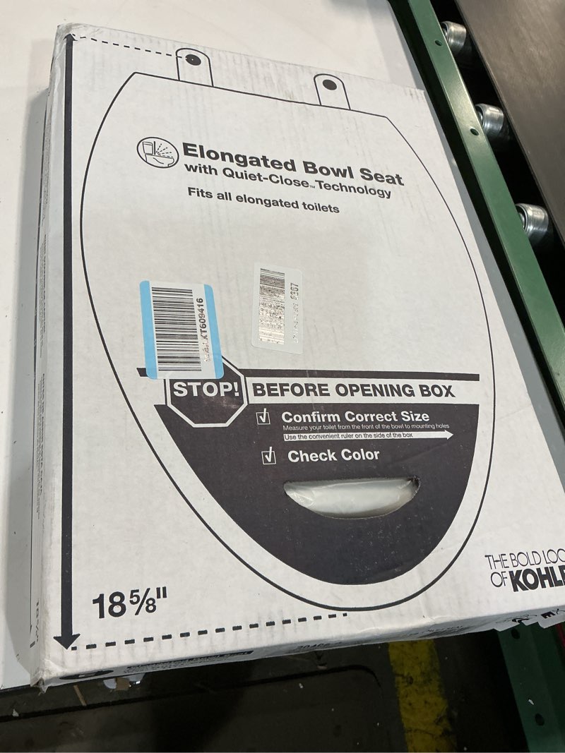 Condition photo showing As Is for KOHLER Stonewood Quiet-Close, Elongated Toilet Seat Soft Close, Durable Wood, Easy Installation, Universal Fit, Home Essentials, White Finish, K-20466-0 Elongated White