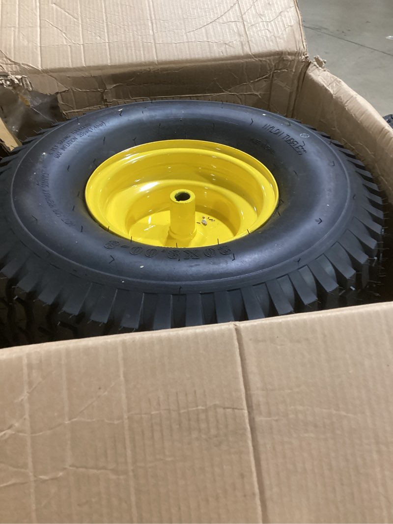 Condition photo showing Good Condition for (2-pack) 20x8.00-8 rear tire and wheel assemblies - 4 ply tubeless tire compatible replacement for riding lawn mowers - 3/4" borehole, 3.5" offset hub and 3/16" keyway 20 x 8.00-8" tubeless (offset hub) yellow