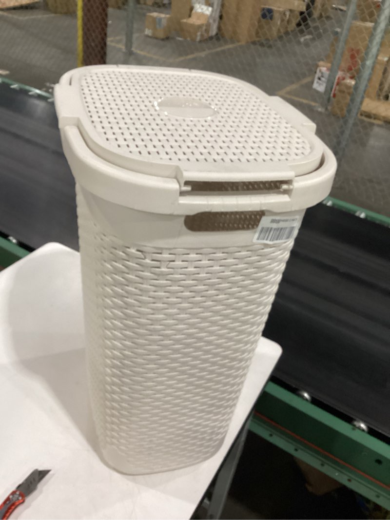 Condition photo showing As Is for mind reader slim laundry hamper with lid, 60l tall clothes basket, narrow tapered design for bathrooms, closets and laundry rooms, plastic, ivory ivory single