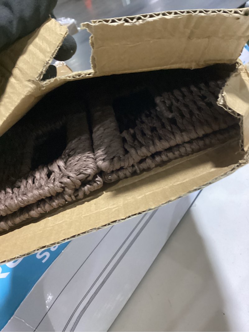 Condition photo showing Good Condition for Paper Rope Wicker Storage Baskets with Handles, 2 Pack Foldable Storage Basket, Rectangle Wicker Basket, Small Wicke Baskets for Pantry Shelves, Toilet Paper Storage Basket for Bathroom, Brown