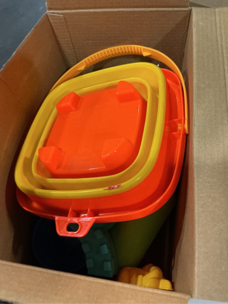 Condition photo showing Good Condition for beach sand toys for kids, 29pcs sandbox toys with 2 collapsible bucket sand, 2 dump truck, dinosaur molds, castle building kit, shovel sieve,flags,mesh bag travel beach toys for toddler 3-10