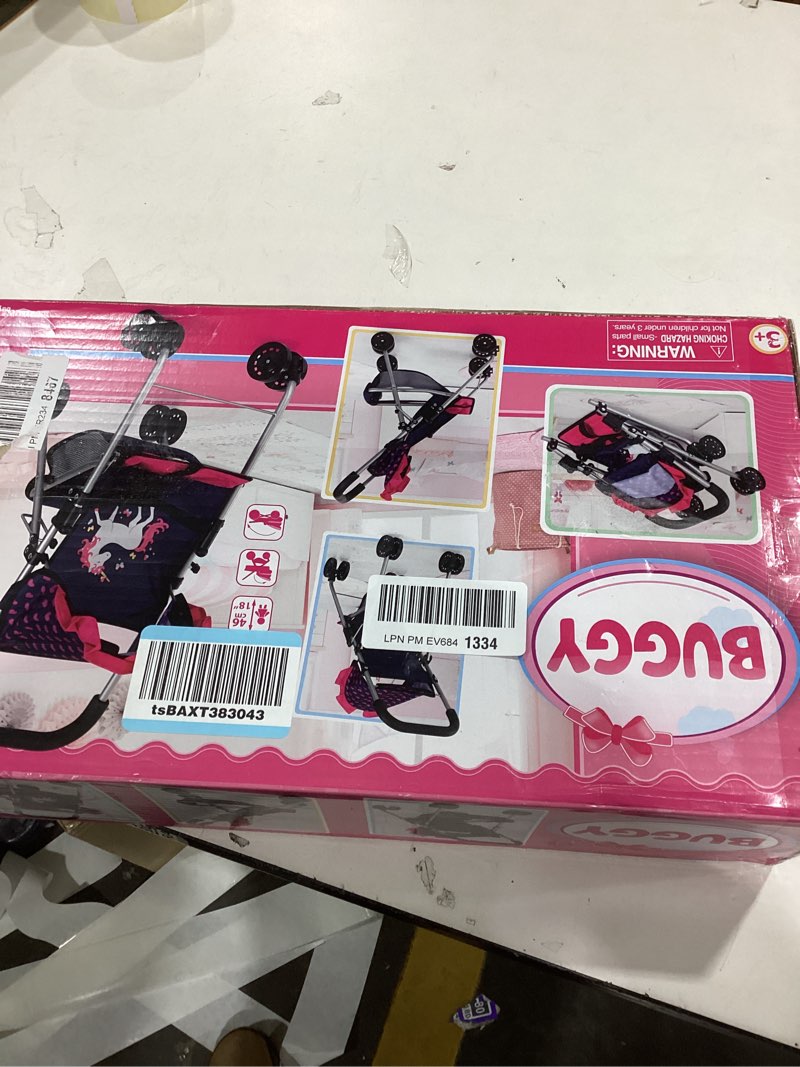 Condition photo showing New/Like New for Bayer: Foldable Buggy Stroller with Unicorn Design, Sun Canopy, Seat Belt for Dolls Up to 18 inches - Ideal Toy for Role Playing and Adventures