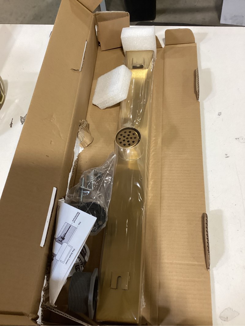 Condition photo showing New/Like New for gold shower drain, 24 inch linear shower drain with removable tile insert grate, 2 in 1 bathroom modern 304 stainless steel brushed gold shower floor drain with adjustable feet,hair strainer brushed gold 24in