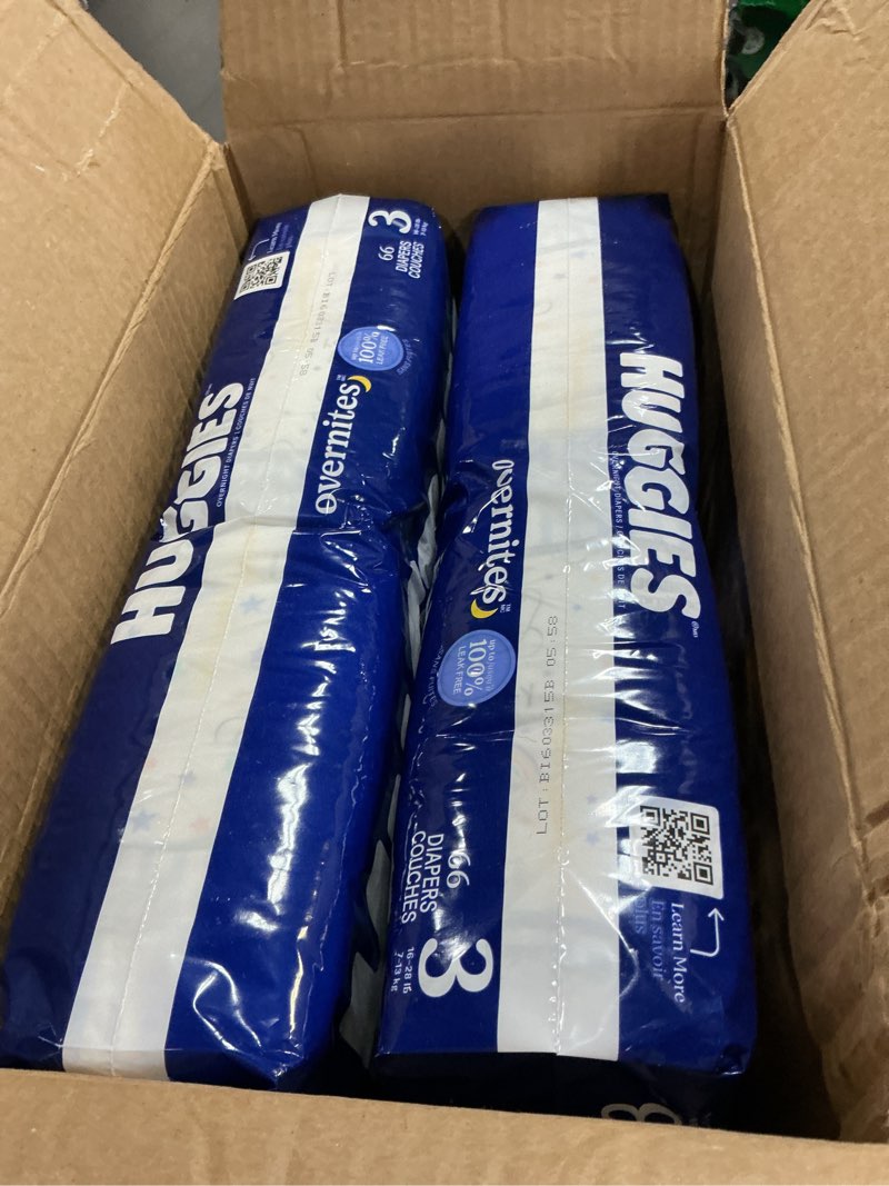Condition photo showing New/Like New for huggies size 3 overnites baby diapers: overnight diapers, size 3 (16-28 lbs), 132 ct (2 packs of 66), packaging may vary size 3 132