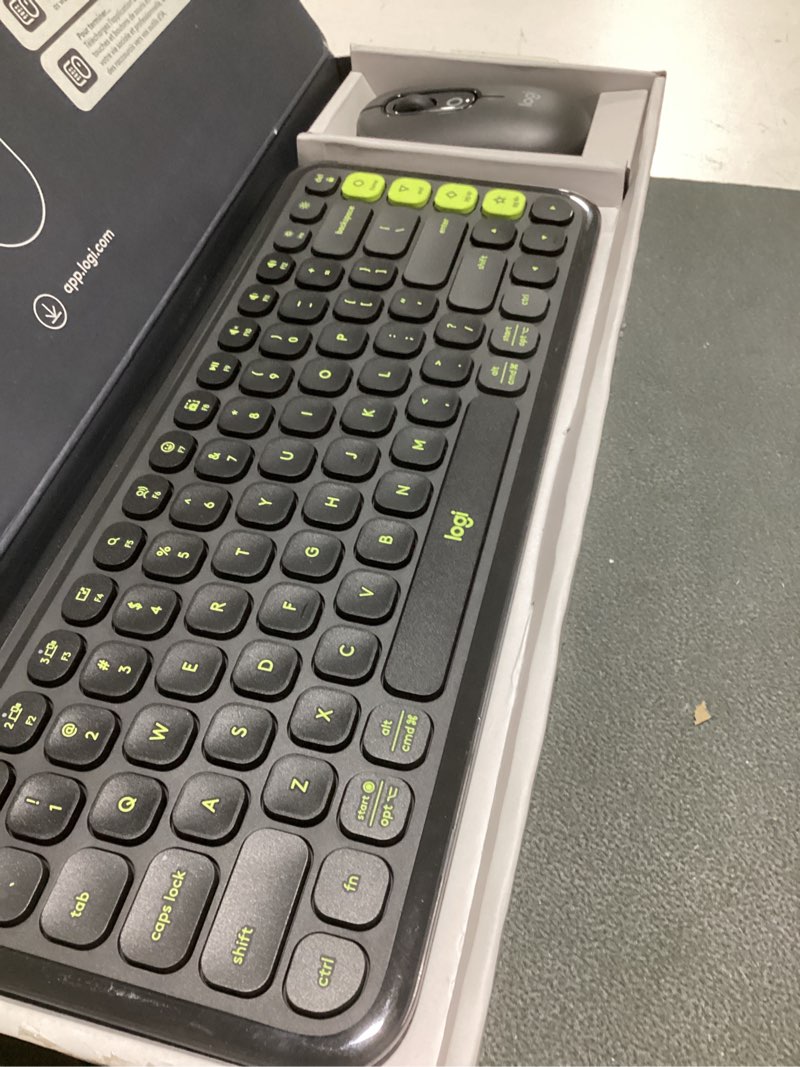 Condition photo showing Good Condition for logitech pop icon combo, bluetooth keyboard and mouse combo, comfortable typing, programmable keys and buttons, quiet clicks, easy-switch up to 3 devices - graphite and lime combo graphite lime