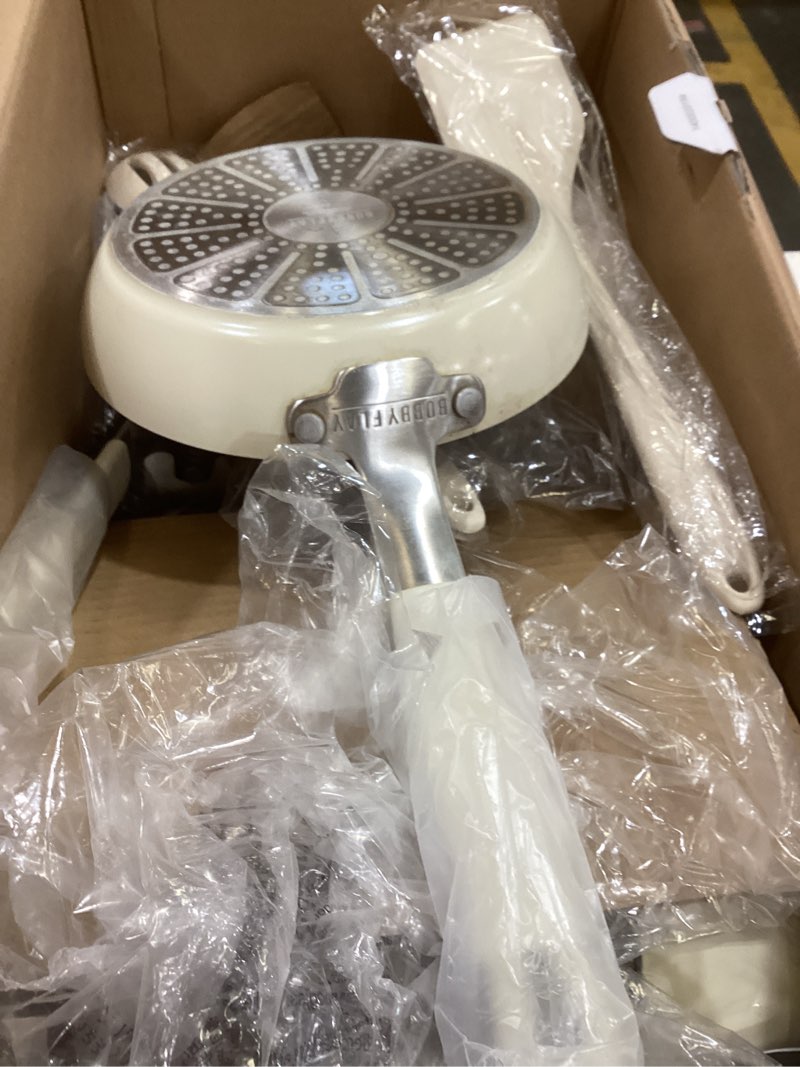 Condition photo showing As Is for greenpan x bobby flay 13 piece nonstick cookware pots and pans set, pfas-free diamond ceramic, induction suitable, easy clean dishwasher & oven safe, stay-cool silicone handles, glass lids, cream 13 piece cookware set cream