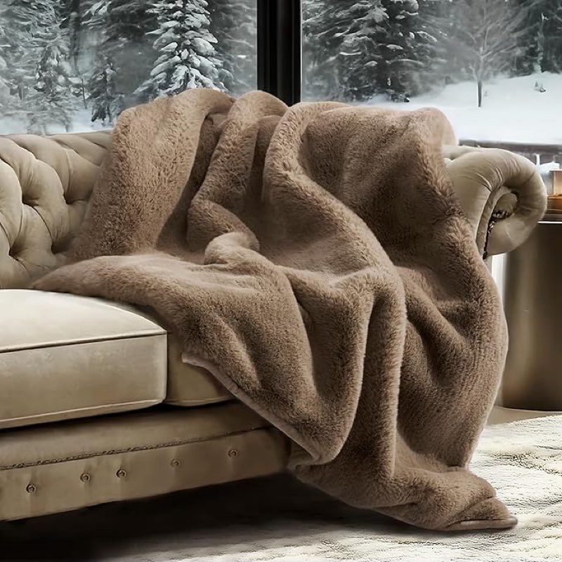 evergracehome luxury soft faux chinchilla fur throw blanket for couch, warm thick heavy winter throw