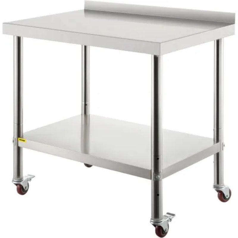 vevor stainless steel prep table, 30 x 24 x 35 inch, 440lbs load capacity heavy duty metal worktable with backsplash adjustable undershelf & 4 casters, commercial workstation for kitchen restaurant