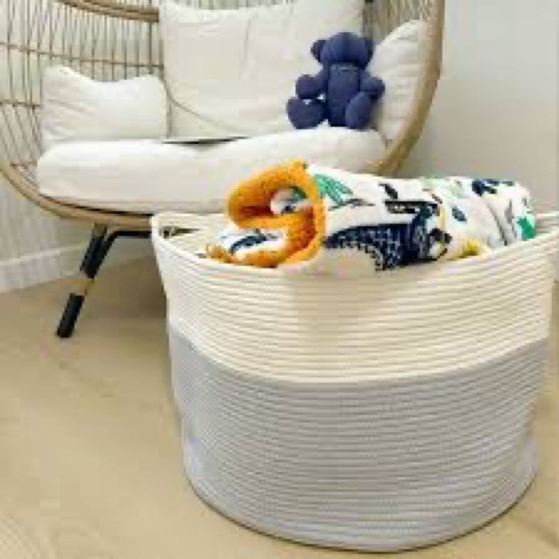 Large Cotton Rope Basket, Woven Storage Basket for Toy, Laundry and Blanket Organizer, Round Hamper Basket with Handles for Kid's Room 17.7"x16.9" Green Minimalist