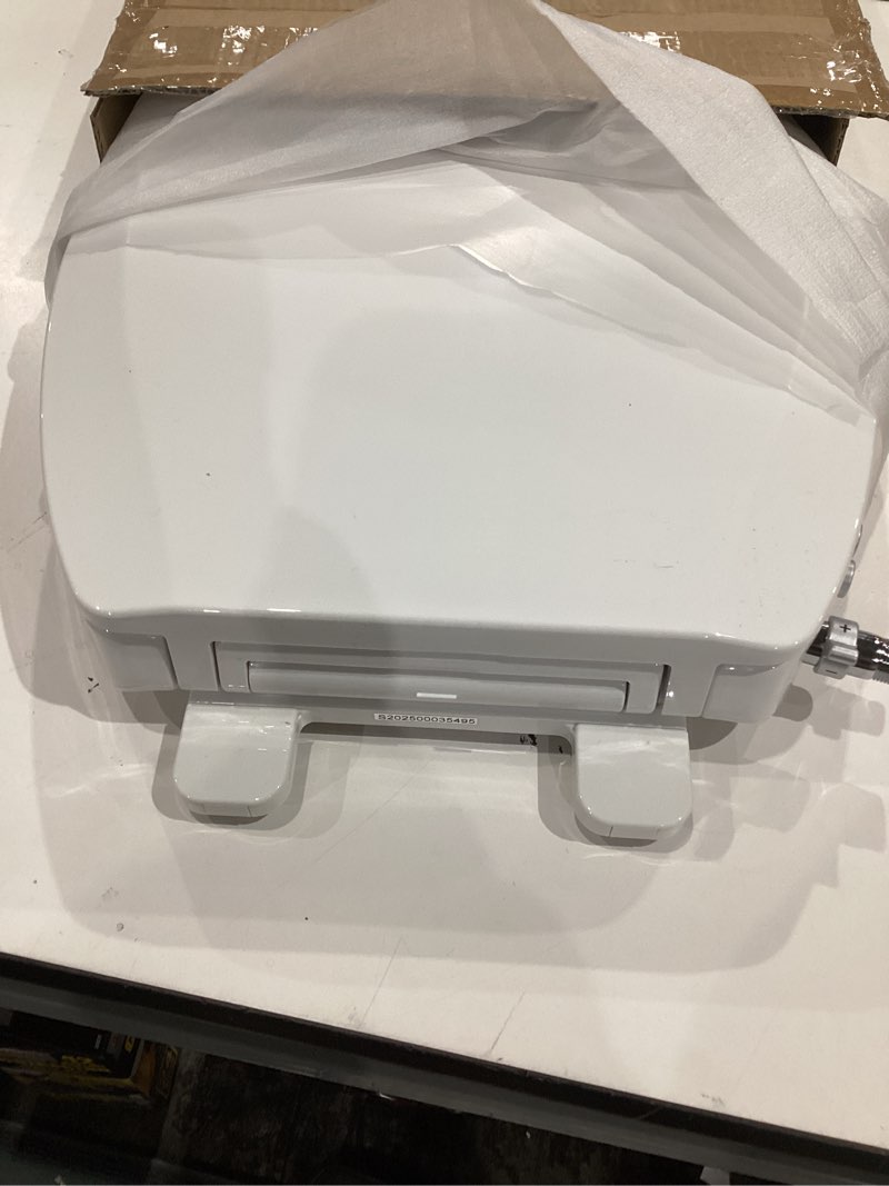 Condition photo showing Good Condition for bidet toilet seat, soft close elongated toilet seat, button control feminine/posterior wash switch, knob control water pressure,white bidet seat attachment with brass inlet easy installation