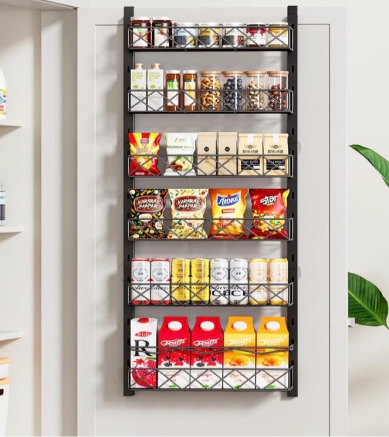 MIAOLI Over the Door Organizer, Black 6-Tier Pantry Door Organizer with Adjustable Basket, Hanging