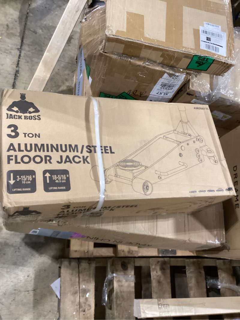 Condition photo showing New/Like New for jack boss 3 ton low profile, aluminum and steel racing floor jack with dual pistons quick lift pump for sport utility vehicle, lifting range 3-15/16" min to 18-5/16" max, net weight 58.5 lb, red