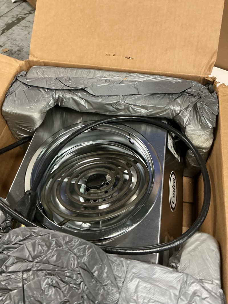 Condition photo showing As Is for cadco csr-3t 14" electric portable countertop hi-power hot plate with one tubular burner, stainless steel, 220 volts