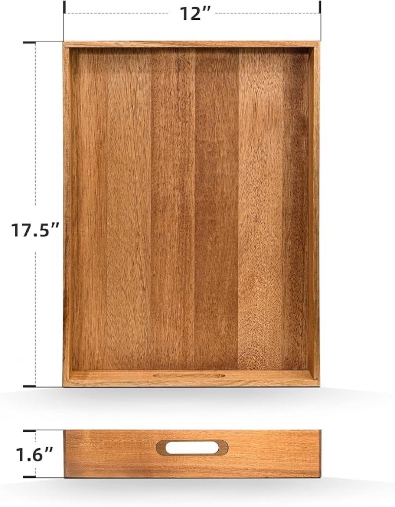 Acacia Wood Serving Tray with Handles (17 Inches) – Decorative Serving Trays Platter for Breakfast in Bed, Lunch, Dinner, Appetizers, Patio, Ottoman, Coffee Table, BBQ, Party –Great for Lap &Couch