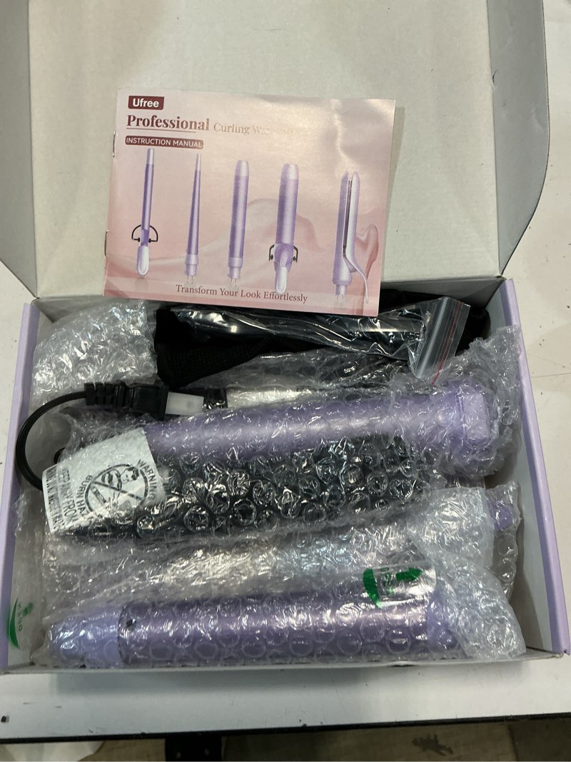 Condition photo showing Good Condition for birthday gifts for women, ufree 5 in 1 curling iron with interchangeable ceramic barrels (0.35"-1.25"), curling wand set with flat iron hair straightener, instant heat up, dual voltage hair curler purple