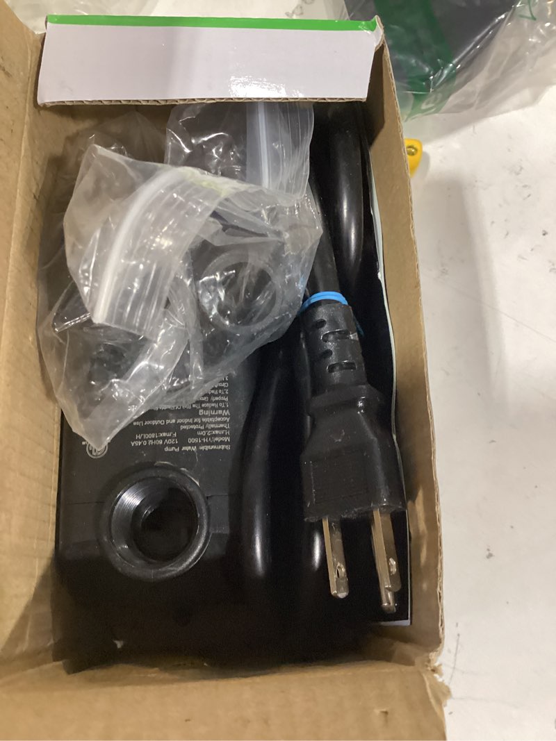 Condition photo showing As Is for vivosun 480gph submersible pump(1800l/h, 25w), ultra quiet water pump with 7.2ft high lift, fountain pump with 5ft power cord, 3 nozzles for fish tank, aquarium, statuary, hydroponics black