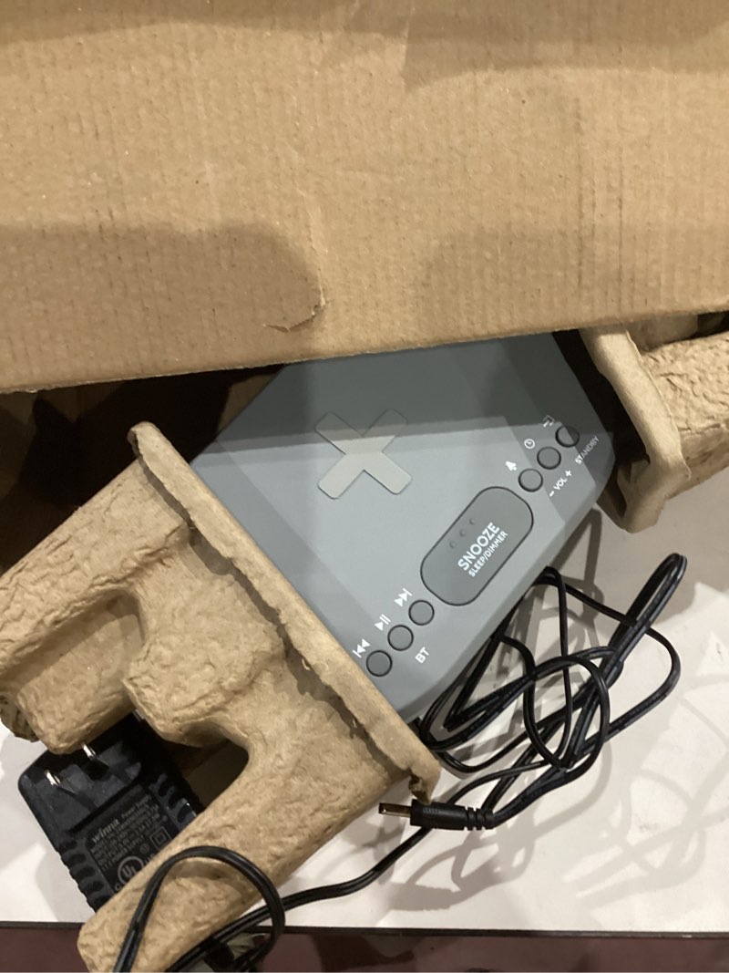 Condition photo showing Good Condition for i box dawn fm radio, bluetooth wireless speaker, fast charging, clock radio, led display, usb charger, dimmable night light, alarm clock feature, wireless charger, digital clock, dual alarm (grey) gray