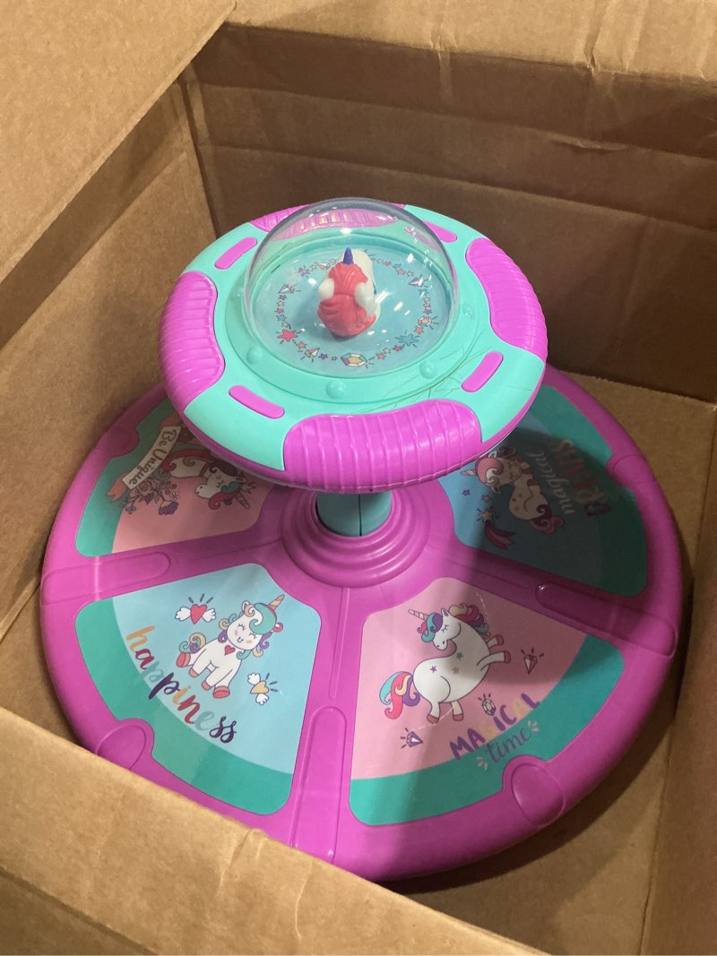 Condition photo showing As Is for Unicorn Sit and Spin Toy for Toddlers Girls Ages 1-3 2-4, Birthday Gift for 2 3 4 Years Old Girl, 360° Spin Seat Kids Indoor Interactive Sensory Toy with LED & Music