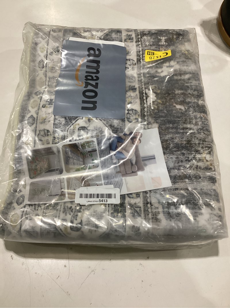 Condition photo showing As Is for rugcomf area rug 4x6 rug washable boho rugs non slip low pile soft floral small carpet for bedroom, bedside, kids room, office, dining room(grey) grey 4' x 6' (rectangular)