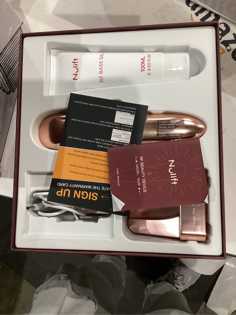 Condition photo showing As Is for radio frequency skin tightening device, rf face machine for anti-aging, wrinkle reduction & jawline lifting, professional wireless home use with 3 levels champagne gold