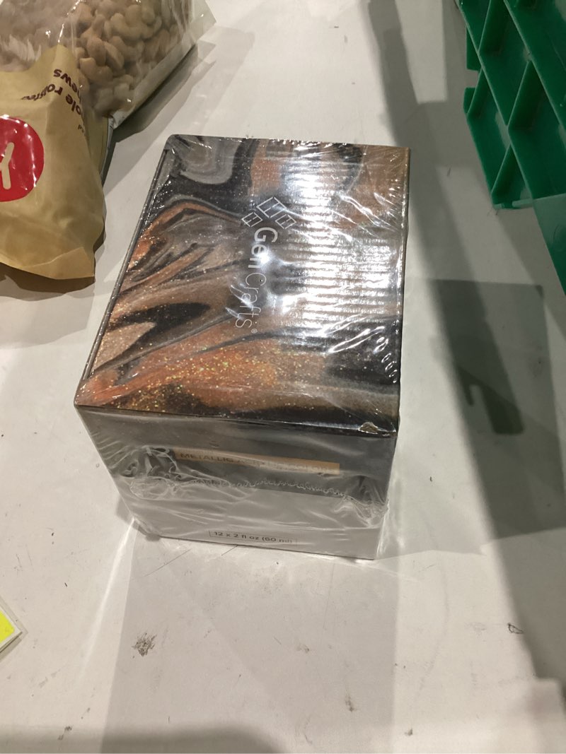 Condition photo showing New/Like New for GenCrafts Metallic Acrylic Pouring Paint 12 Colors Pre-Mixed High Flow & Ready to Pour - 2 oz./60 ml Bottles - Multi-Purpose Paints for Canvas, Paper, Rocks, Wood Metallic 12 x 60ml (2 fl oz)