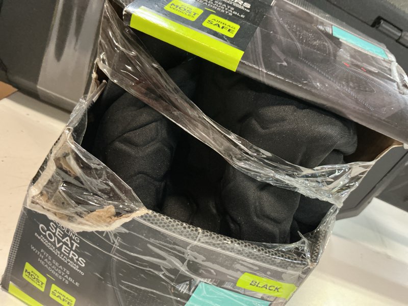 Condition photo showing As Is for auto drive 2 piece low back gel cooling car seat cover polyester black, universal fit, 2010sc12