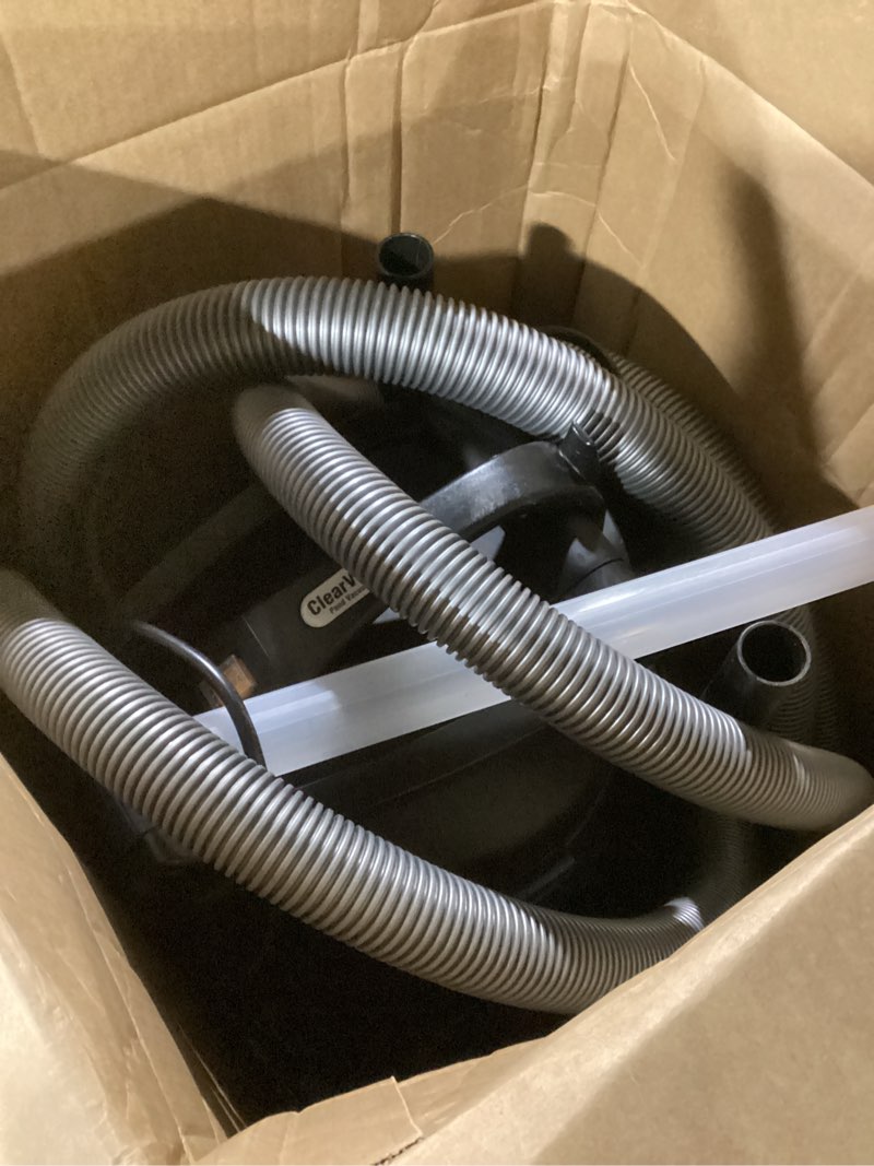 Condition photo showing As Is for the pond guy clearvac pond vacuum, powerful motor quickly removes sludge & debris, dual chamber reservoir for nonstop use, 4 interchangeable nozzle attachments, 5 extension tubes, 8 ft discharge hose