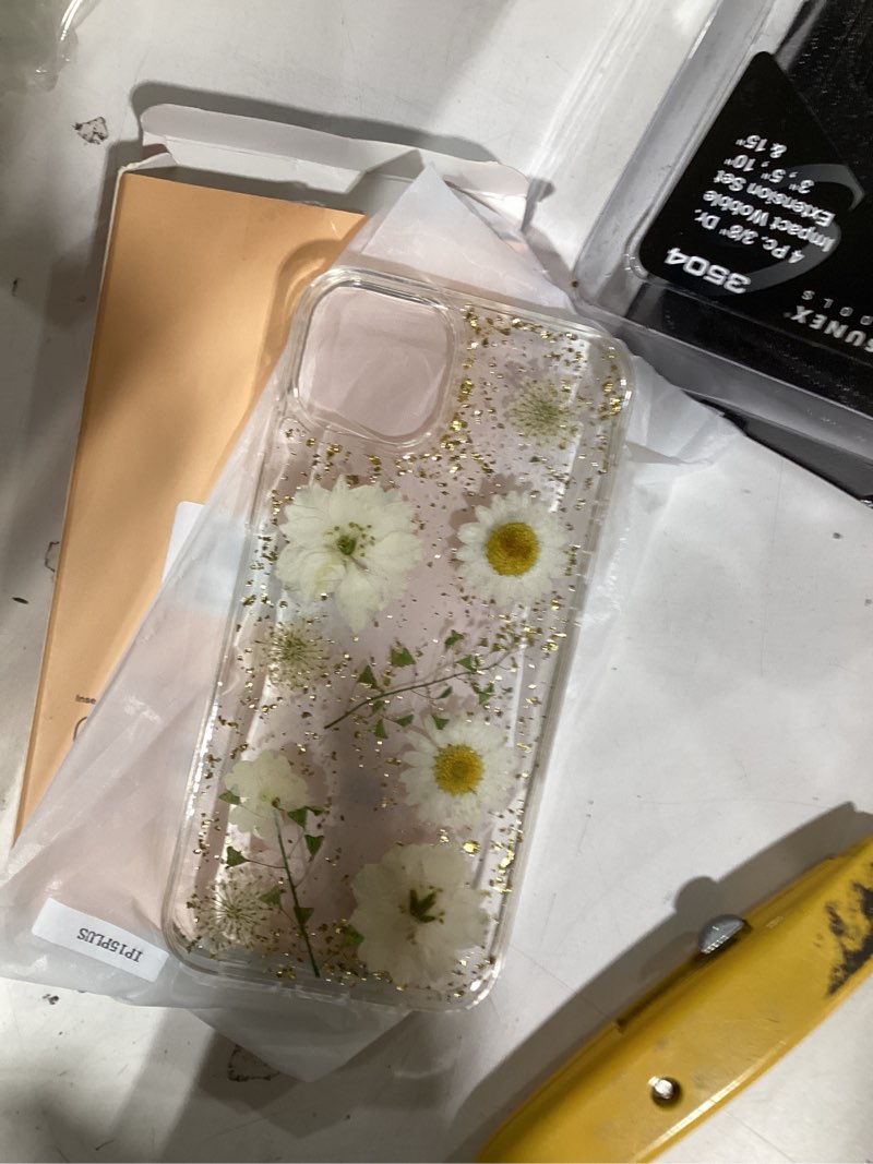 Condition photo showing Good Condition for loheckle for iphone 15 case for women - girls cute glitter dried flower floral girly aesthetic kawaii sparkle sparkly glittery bling unique design handmade phone cover for apple 15 6.1", white daisy white for iphone 15