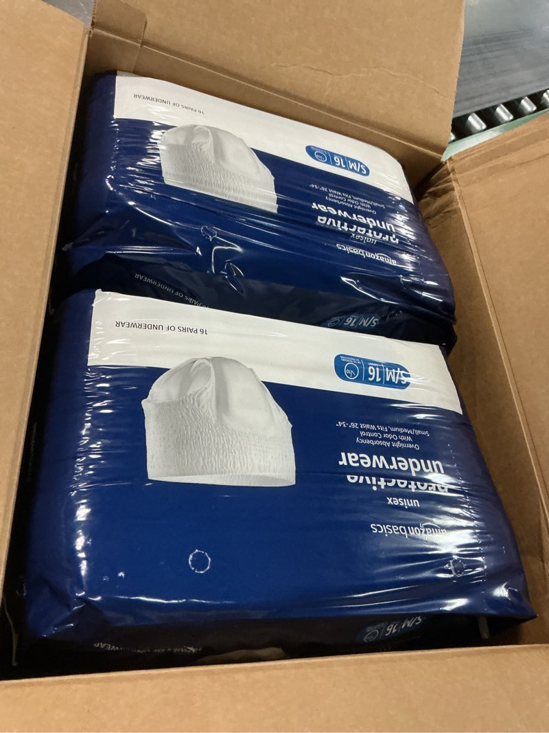 Condition photo showing New/Like New for Amazon Basics Unisex Protective Underwear, Overnight Absorbency, Small/Medium, 64 Count, (4 Packs of 16) Small/Medium Pack of 4 64