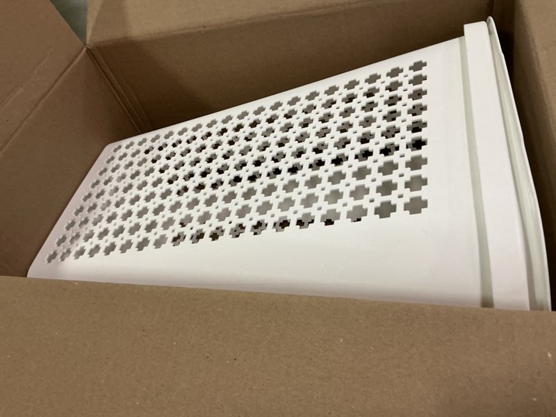 Condition photo showing Good Condition for Mind Reader Slim Tapered Laundry Hamper with Lid, Clothes Basket with Swiss Cross Cut-Outs, Lightweight & Ventilated, Plastic, 16.75"L x 12.75"W x 23"H, White