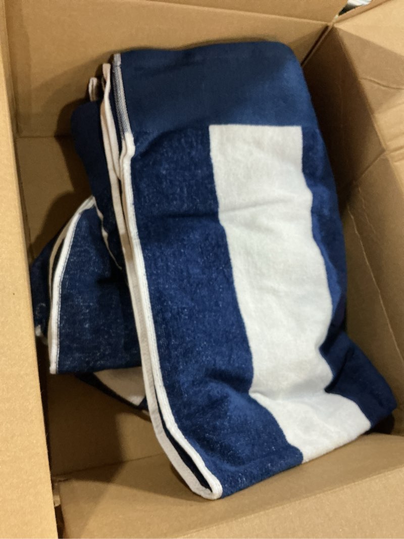 Condition photo showing New/Like New for cabana stripe navy blue 2 pack beach towel, striped jacquard themed, for men and women, oeko-tex certified confidence