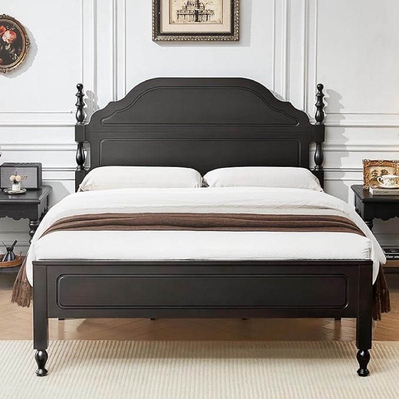 BedsPick Solid Wood Bed Frame Queen Size, Wooden Retro Style Queen Bed Frame with Headboard and Footboard, Heavy Duty Bed Frame with 12 Wood Slats Support,No Box Spring Needed,Noiseless, Dark Brown (Incomplete)