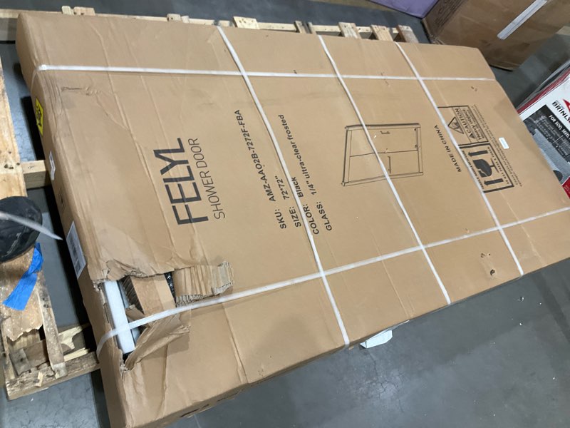 Condition photo showing Good Condition for frosted 72" sliding shower door 67-72" w x 72" h, matte black, single sliding door, framed, 1/4" (6mm) sgcc tempered glass, reversible installation 72" w x 72" h black frosted