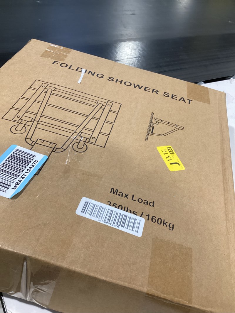 Condition photo showing New/Like New for Teak Wood Folding Shower Seat and Bench, Wall Mounted, 350lb Capacity, Foldable Shower Chair for Small Spaces
