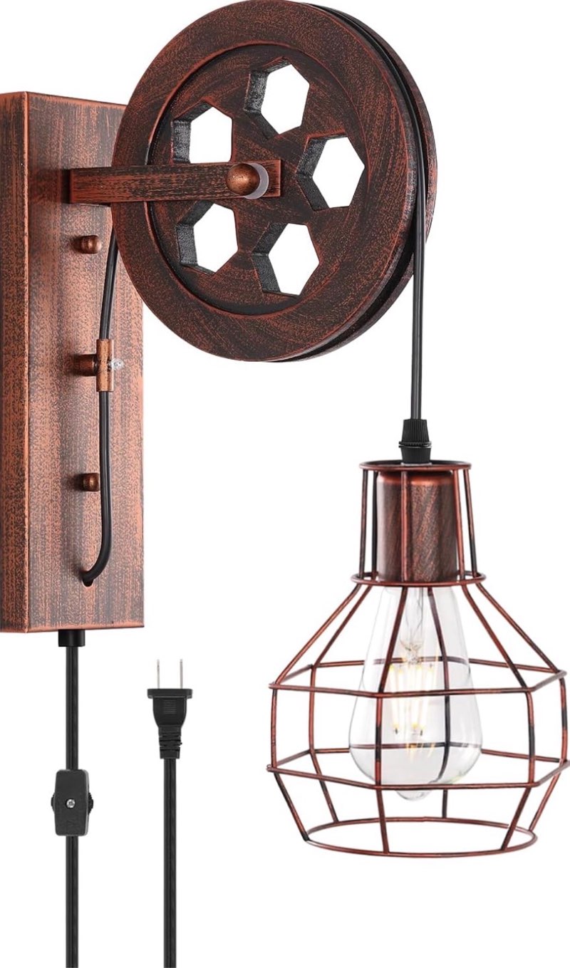 Plug in Wall Sconce Rustic Wall Light Lift Pulley Matte Iron Cage Shade Industrial Mid Century Wall Lamp Indoor Lighting Barn Restaurant Wine Cellar(Rust Color) Rust-Plug in
