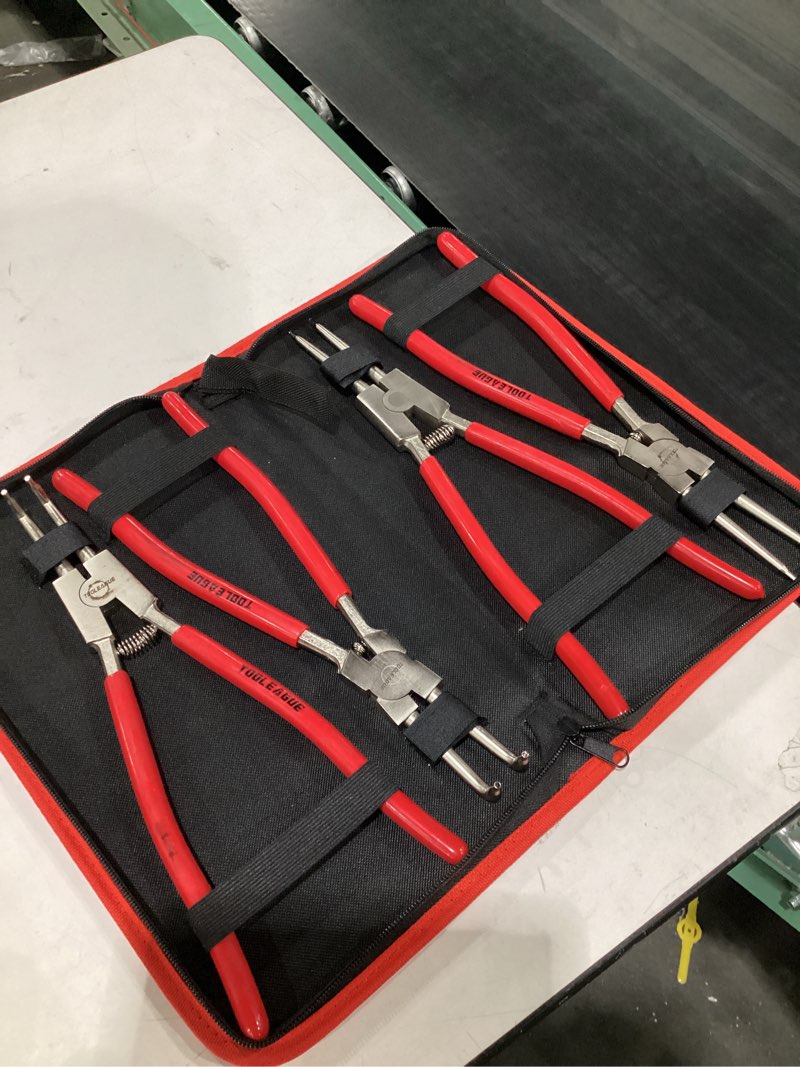 Condition photo showing Good Condition for tooleague 4 pcs snap ring pliers set, circlip pliers, 13 inches internal/external heavy duty for ring remover retaining straight bent lock ring pliers set 13 inches (bent/straight, internal/external, 4pcs) red