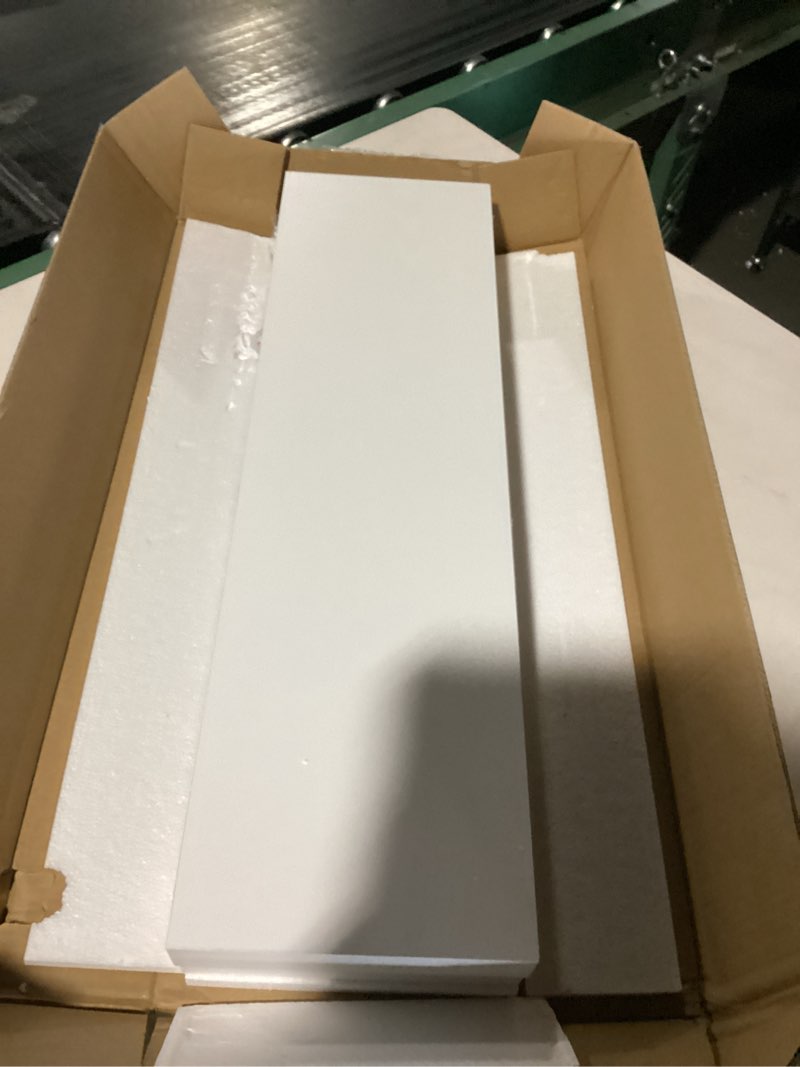 Condition photo showing As Is for Fun Memories White Floating Shelves for Wall Set of 2, 28" White Floating Shelves for Home Decor, Rustic Wood Wall Mounted Shelf, Hanging Deep Shelf for Living Room, Bedroom, Bathroom, Kitchen White 27.5 Inch, Set of 2