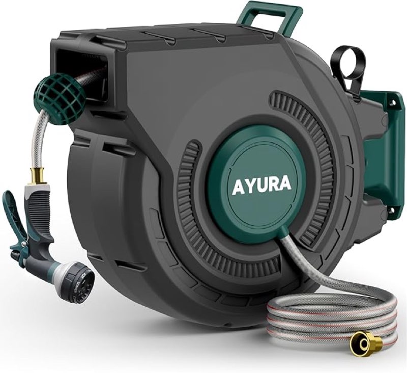 ayura retractable garden hose reel 100 ft x 1/2 inch with pro metal shaft, heavy duty automatic garden hose reels with kink-free rewind and lock at any length, wall mount water hose reel for outside