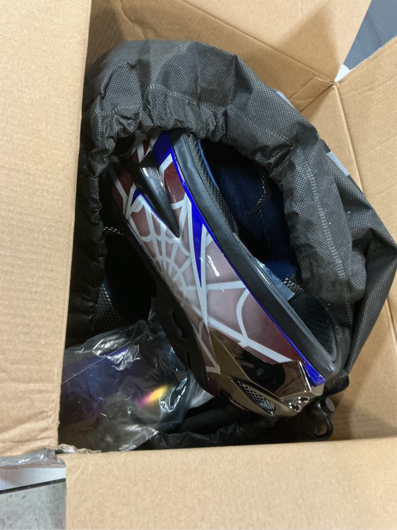 Condition photo showing Good Condition for youth dirt bike helmet dot certified for boys & girls ages 5-14, four wheeler, motocross, bmx, mx, utv, go kart, racing, skateboard, baseball blue cobweb large