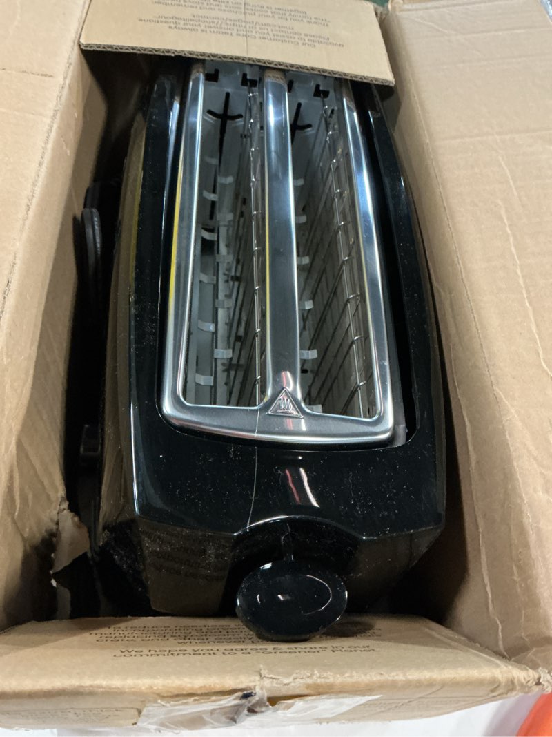 Condition photo showing As Is for Elite Gourmet ECT4829B Long Slot 4 Slice Toaster, 6 Toast Settings Toaster Defrost, Reheat, Cancel Functions, Slide Out Crumb Tray, Extra Wide Slots for Bagels Waffles, Black 4 Slice Black