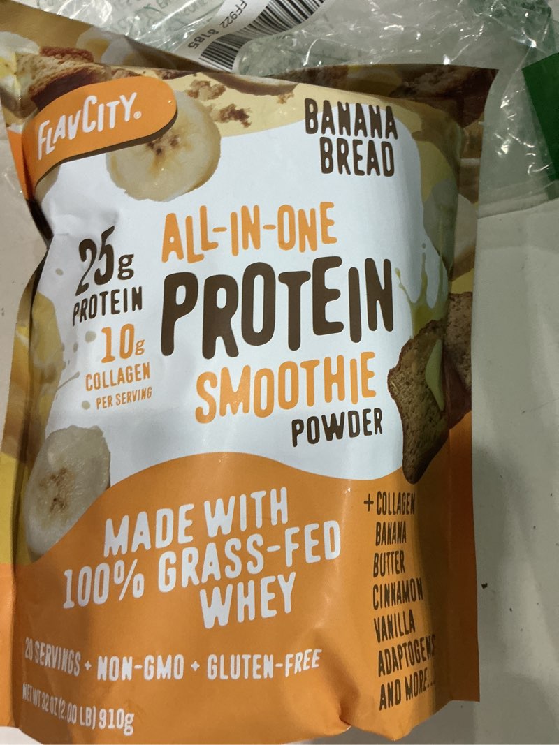 Condition photo showing New/Like New for flavcity all in one protein shake powder, banana bread - on the go meal alternative + collagen peptides, reishi & cordyceps - focus, skin, hair & joint support - 100% grass fed whey, 20 servings ( bb 03/10/2028)